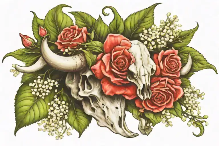 Hawthorn Flower A Lilly Of The Valley A Rose Draped Over A Bull Skull