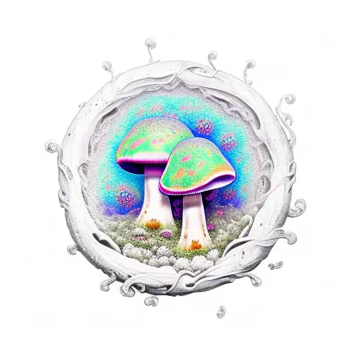 Psychedelic Mushrooms Sprouting Outside A Portal