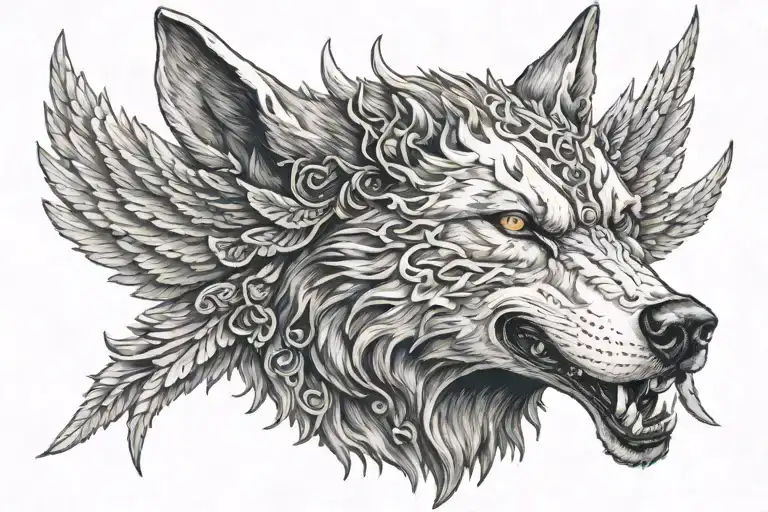 Giant Wolf Head With Demonic Angelic Wings Features