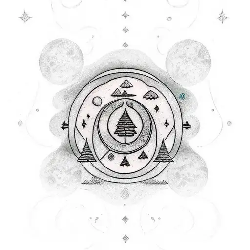 A Mystical Nordic Rune Surrounded By Moon Phases And Pine Tree Silhouettes