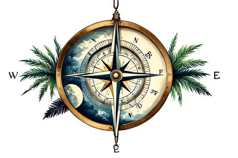 Compass With Palm Trre And Moon