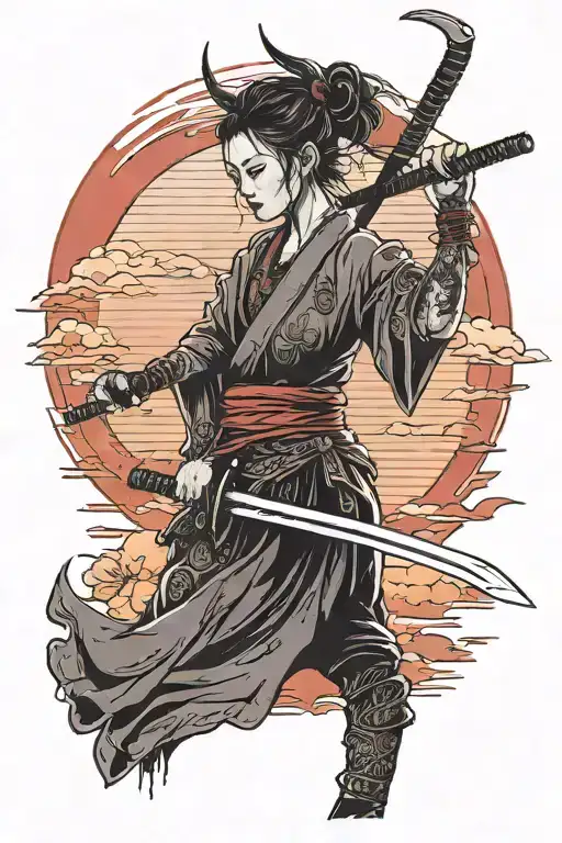 Beautiful Woman With Samurai Horns With A Katana In Her Hands And On A Red Sunset In Full Height