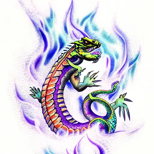 Water Dragon Exhales Flames With Purple Background