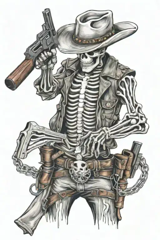 Cowboy Skeleton Holding A Gun Belt And Holsters