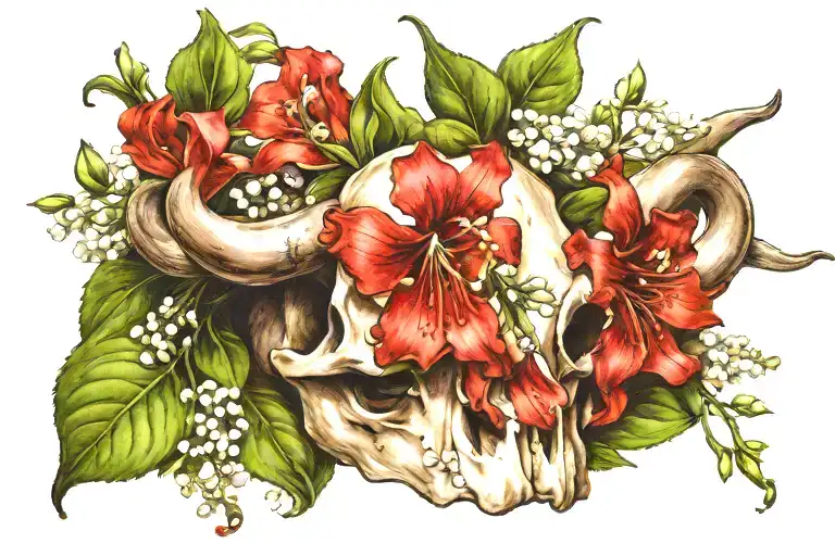Hawthorn Flower A Lilly Of The Valley Draped Over A Bull Skull