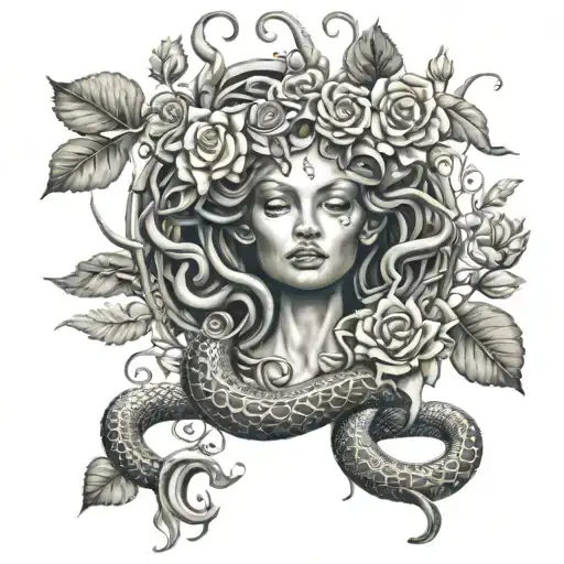 Full Body Medusa With Large Snake Wrapping Around Body Surrounded By Roses Lilies And Sunflowers