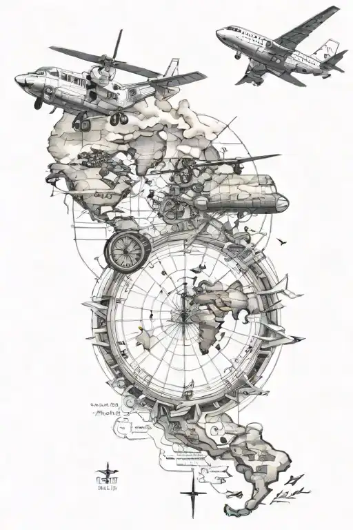 Aviation Themed Tattoo With Map And Aircraft Guages And Airplane And Helicopter