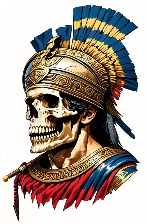 Greek Gladiator But His Head Is A Skull Surrounded By Ancient Greek Architecture