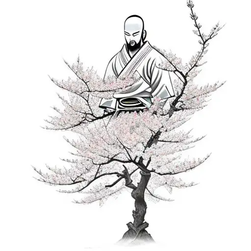 A Samurai Meditating Under A Blooming Sakura Tree