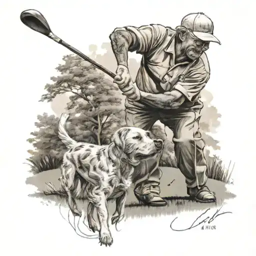 A Retired Golfer Swinging A Club With Their Dog By Their Side