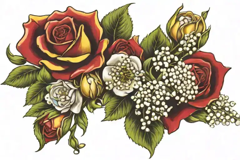 Red Yellow Roses Intertwined With Hawthorn And Lily Of The Valley
