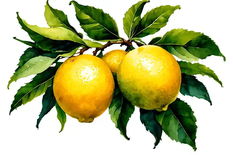 Delicate Watercolor Lemon Branch Hanging Sideways With Three Lemons And Leaves