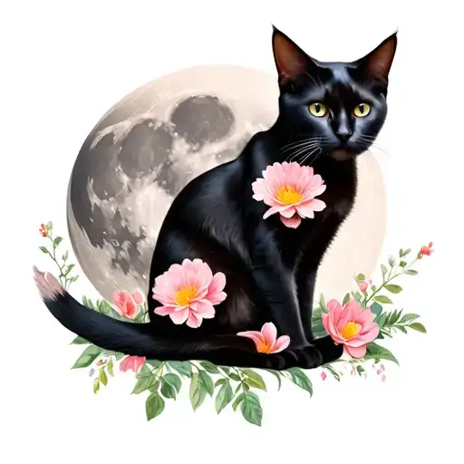 Black Cat Full Moon With Flowers Growing