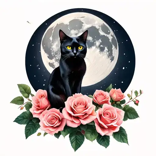 Black Cat In Front Of A Full Moon With Roses Blooming