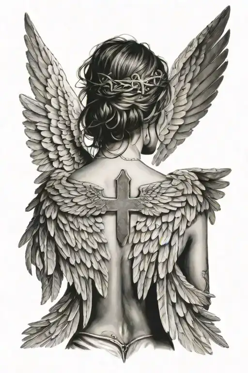 Angel Wing On Back To Shoulder With A Cross Imprinted On The Wings Feathers