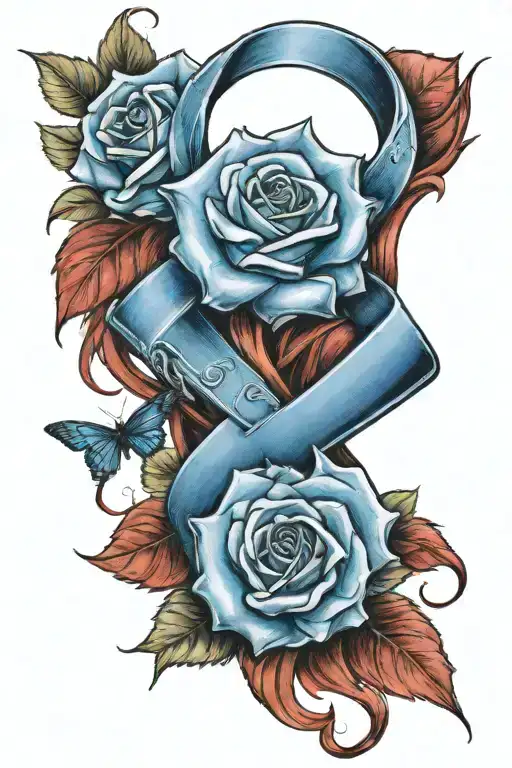 Blue Cancer Ribbon With Red Roses Intertwined Within