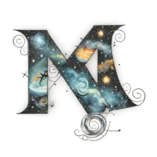Tattoo Of The Letter M With Fibonacci Spiral Galaxy