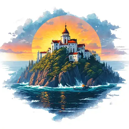 Sea Sunset On The Monastery Mountain Peak