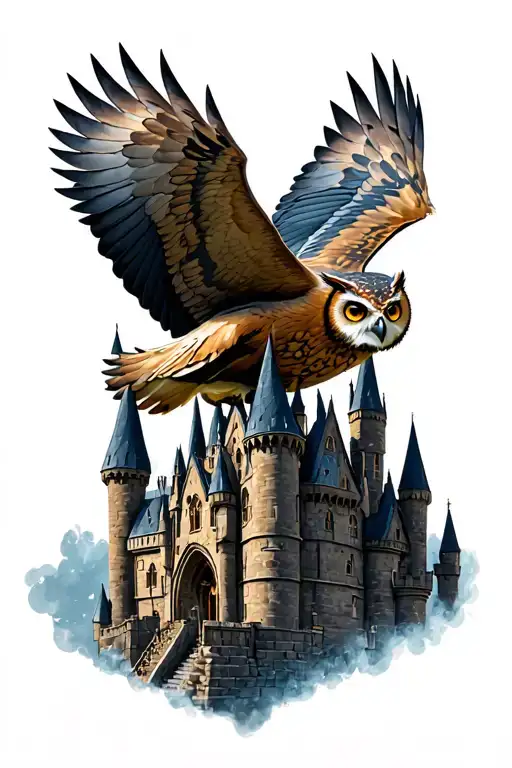 Hogwarts Castle With Owl Flying