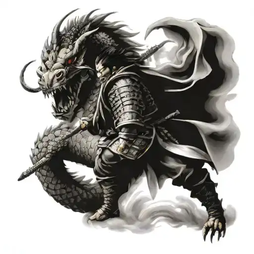 A Samurai Warrior Battling A Dragon In A Realistic Style