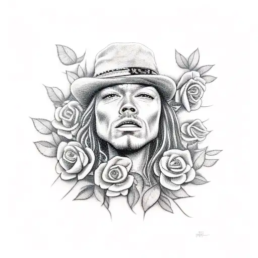 A Realistic Portrait Tattoo Of Axl Rose Surrounded By Roses And Musical Notes