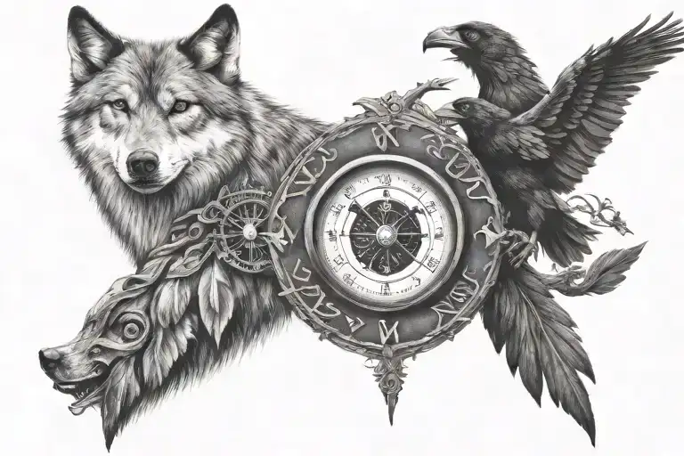 Vegvisir On Shoulder With Wolf And Ravens Below It