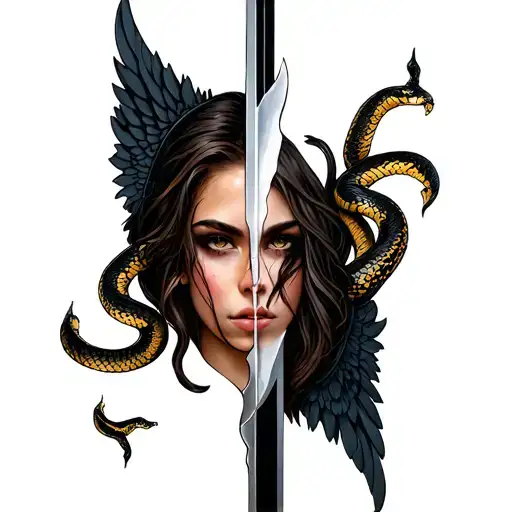 Female Face Crom Front Cut In Half And Other Side A Wing With Snake And Sword