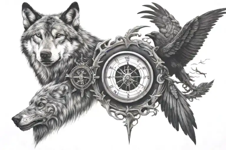 Vegvisir On Shoulder With Wolf And Ravens Below