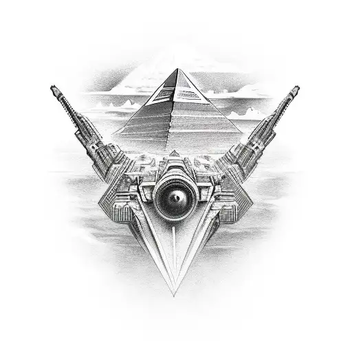 Forearm Tattoo Of Alien Ship Flying Over Pyramids In Egypt Abducting Someone