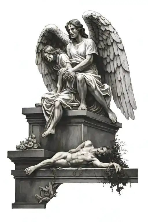 Guardian Angel Man Near A Girl Lying On The Grave