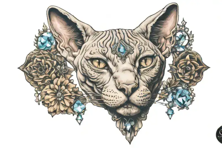 A Sphynx Cat Chest Piece In Colour With Space Around It And Crystals