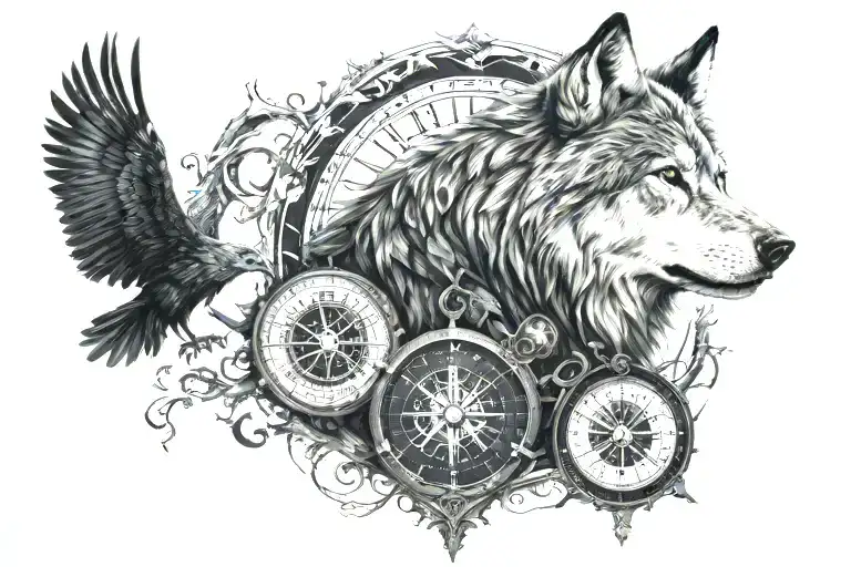 Vegvisir On Shoulder With Wolf And Ravens Below It