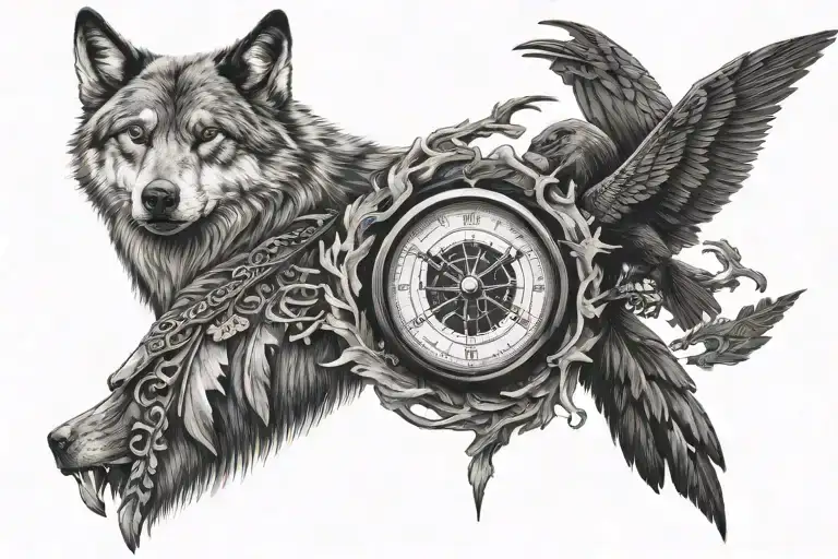 Vegvisir On Shoulder With Wolf And Ravens Below