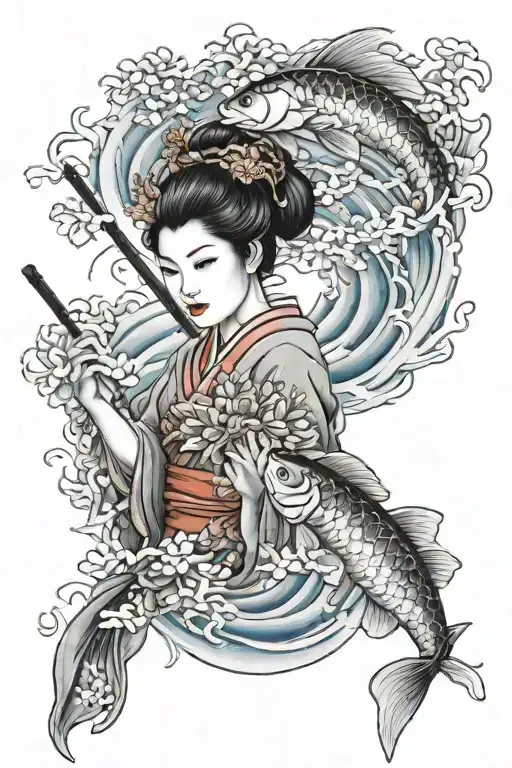 Geisha Warrior Battling A Koi Fish Swimming