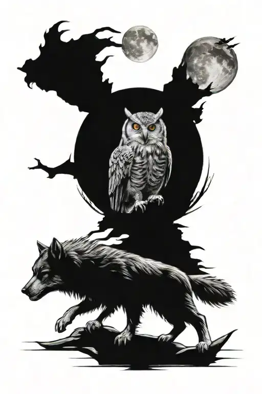 Owl Fighting Wolf Howling At The Moon