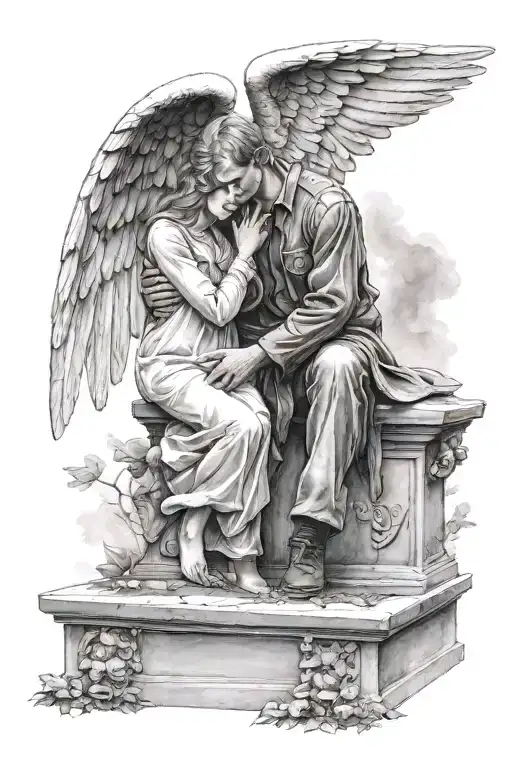 Guardian Angel Man Hugs A Girl Who Lies On The Grave