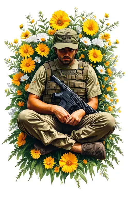 Wounded Warrior Sitting Alone In A Bed Of Flowers