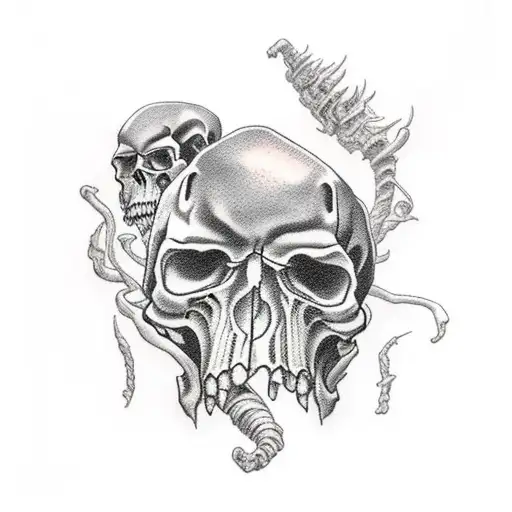 Gream Reaper Walking On Top Of Bunch Of Skulls