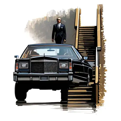 Lincoln Car With A Person With Brief Case Walking Up The Stairs