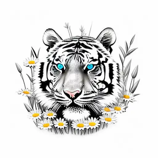 Tiger In A Feild Surrounded By Lilies And Daisies