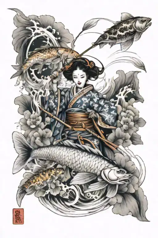 Geisha Warrior Battling Koi Fish
