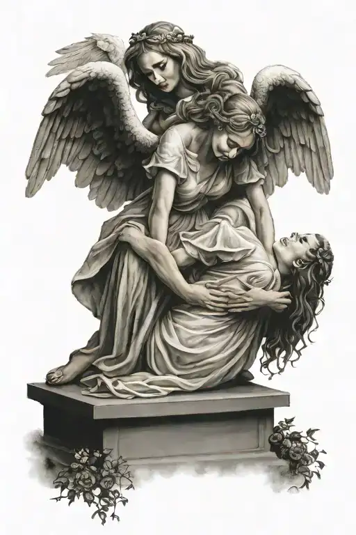 Guardian Angel Hugs A Girl Who Lies On The Grave