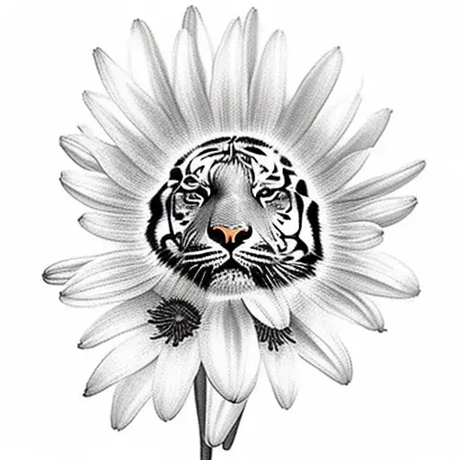 Tiger In A Feild Surrounded By Lilies And Daisies