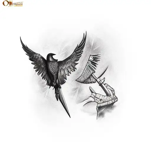 Odins Spear With His Raven Perched On The Spear And One Flying Away