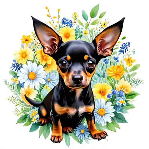 Miniature Pinscher And Chihuahua Mix Named Savannah With Flowers Around In A Circle