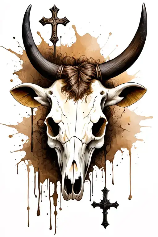 Cattle Skull With A Cross Sticking Out Of The Top
