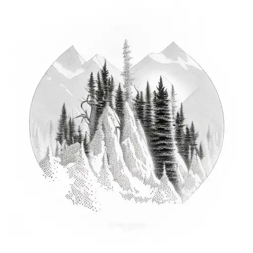 A Realistic Scene Of A Hiker Standing On A Mountaintop Surrounded By A Forest Of Pine Trees