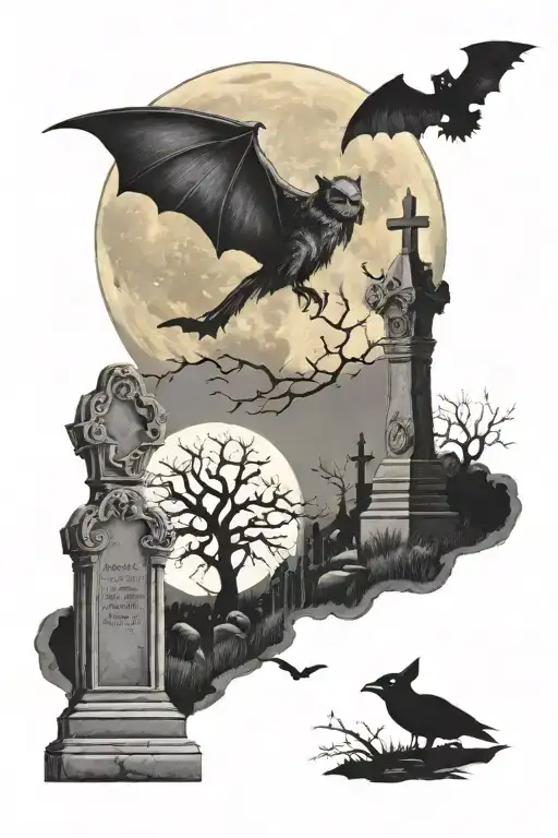 Graveyard With Tombstones And Hollow Full Moon With Flying Bats