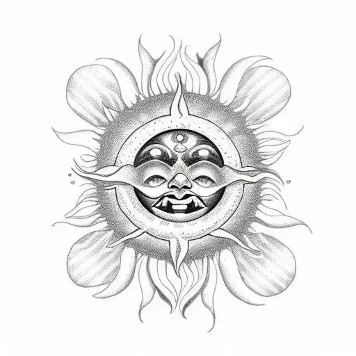 A New-school Design Of A Sun And Moon Intertwined With Lily Flowers