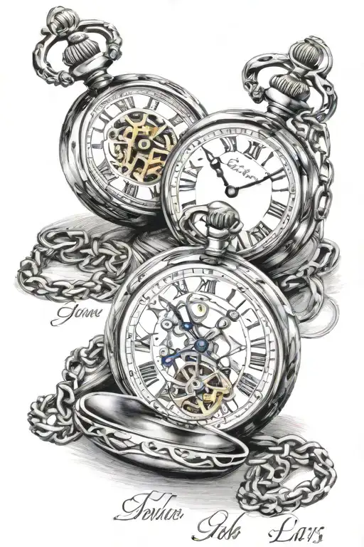 Two Connected Pocket Watches With Name Jessica And Lars And Birth Time With Shading